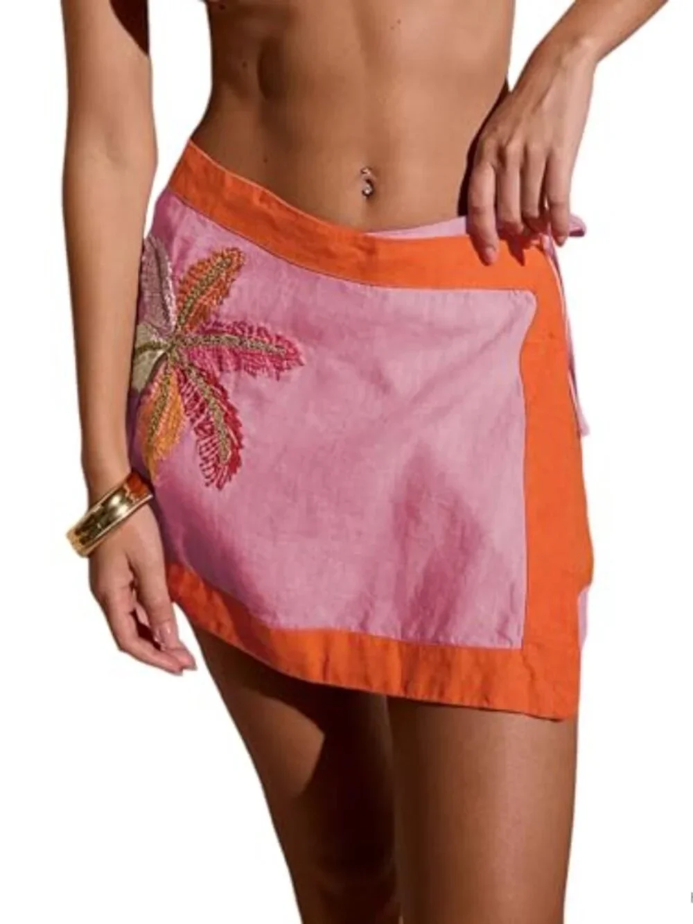 Embroidered Wrap Mini Skirt Cotton Linen A-Line High Waist Boho Beach Summer